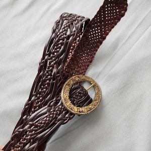 VINTAGE Genuine Leather Boho Brown Braided Belt